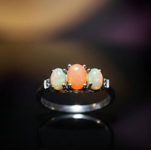 Natural Ethiopian Welo Opal 3-Stone Platinum over Silver Ring 1.20 CTW